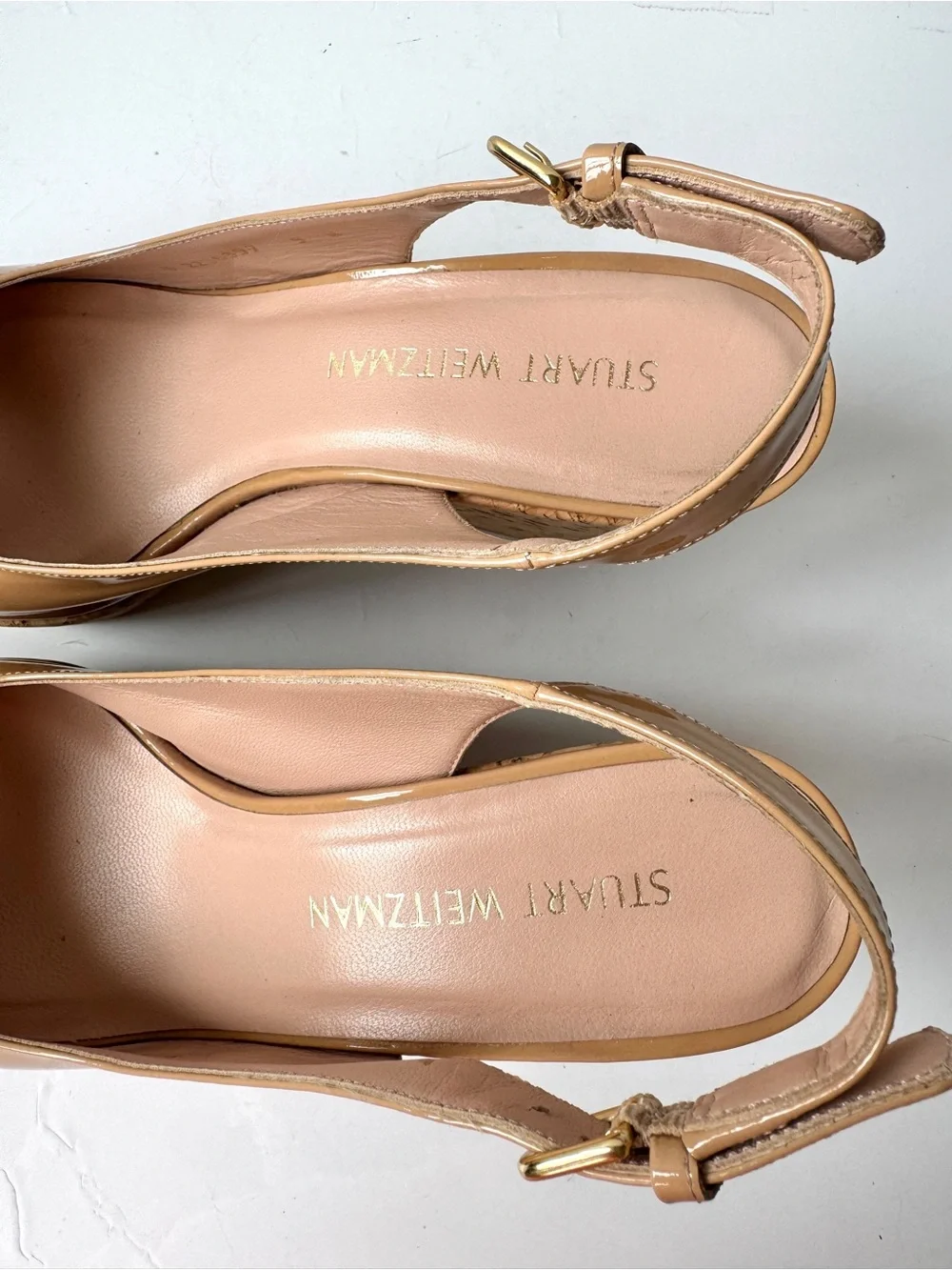 Stuart Weitzman Riviera Nude Patent Slingback Cork Platform Wedge Sandals Size 9
